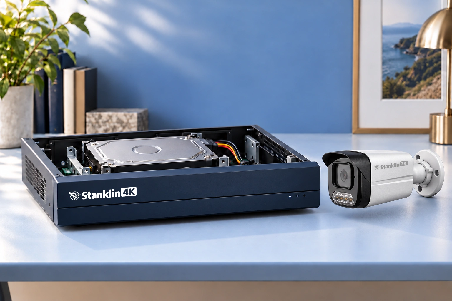 Stanklin 4K NVR with an internally installed hard drive and a 4MP bullet camera