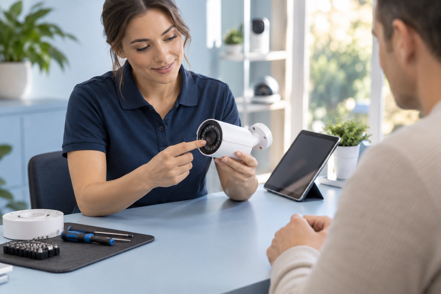 A security specialist discussing camera support with a customer